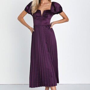 Lulus Flawless Forever Dark Purple Satin Pleated Midi Dress - Size S